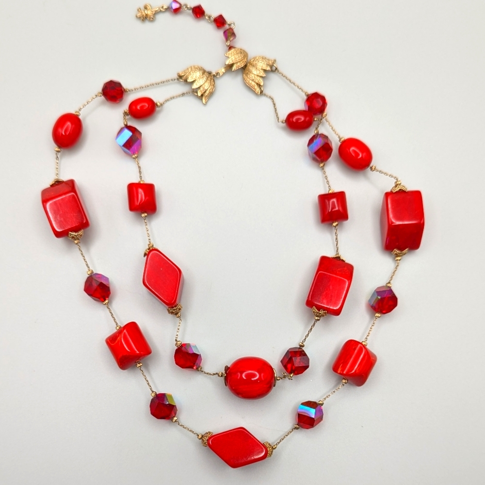 Vintage Vendome Double Strand Red Aurora Borealis Bead Necklace